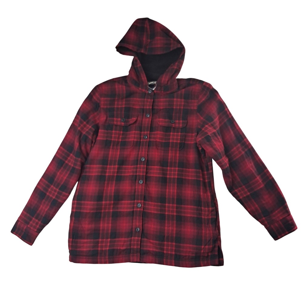 L.L. Bean Flannel Shirt Women Small Red Plaid Hooded Fleece Lined Outdoor Cabin